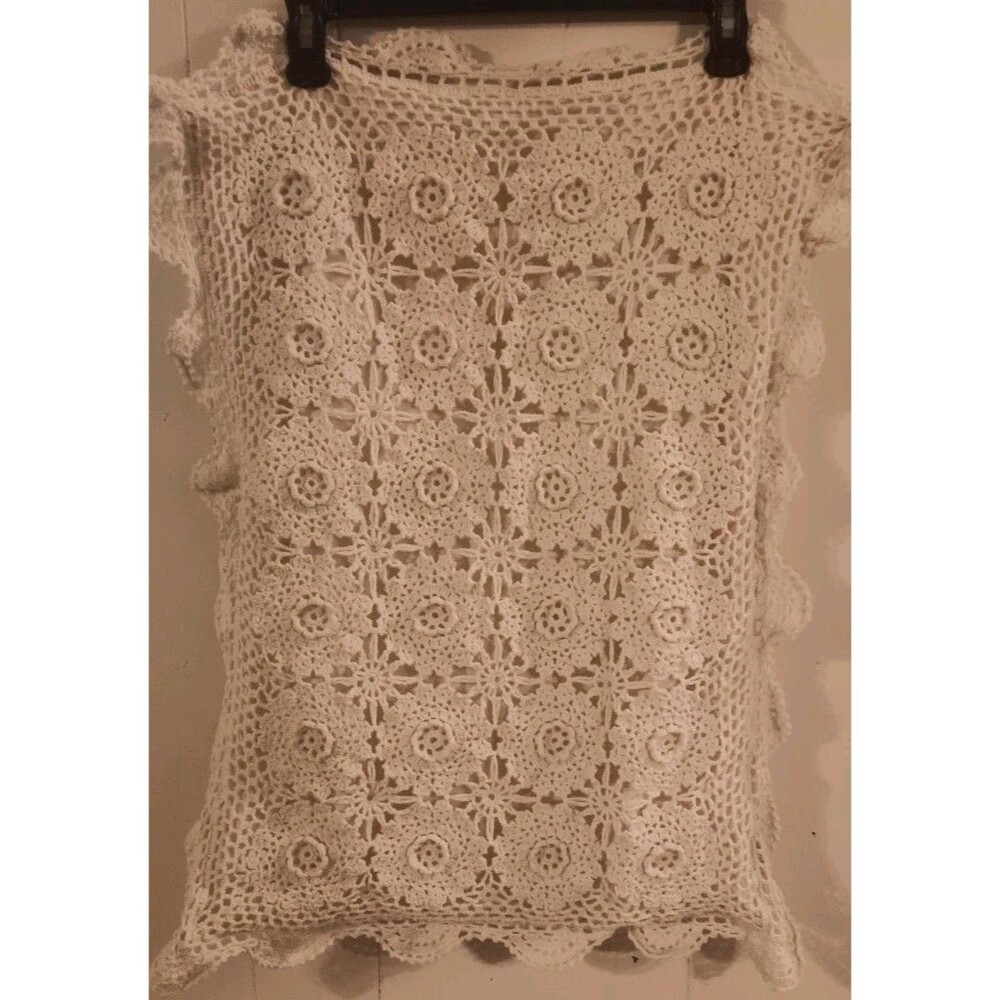 Vintage Cream Crochet Cotton Standard Pillow Sham Cottage Shabby Chic
